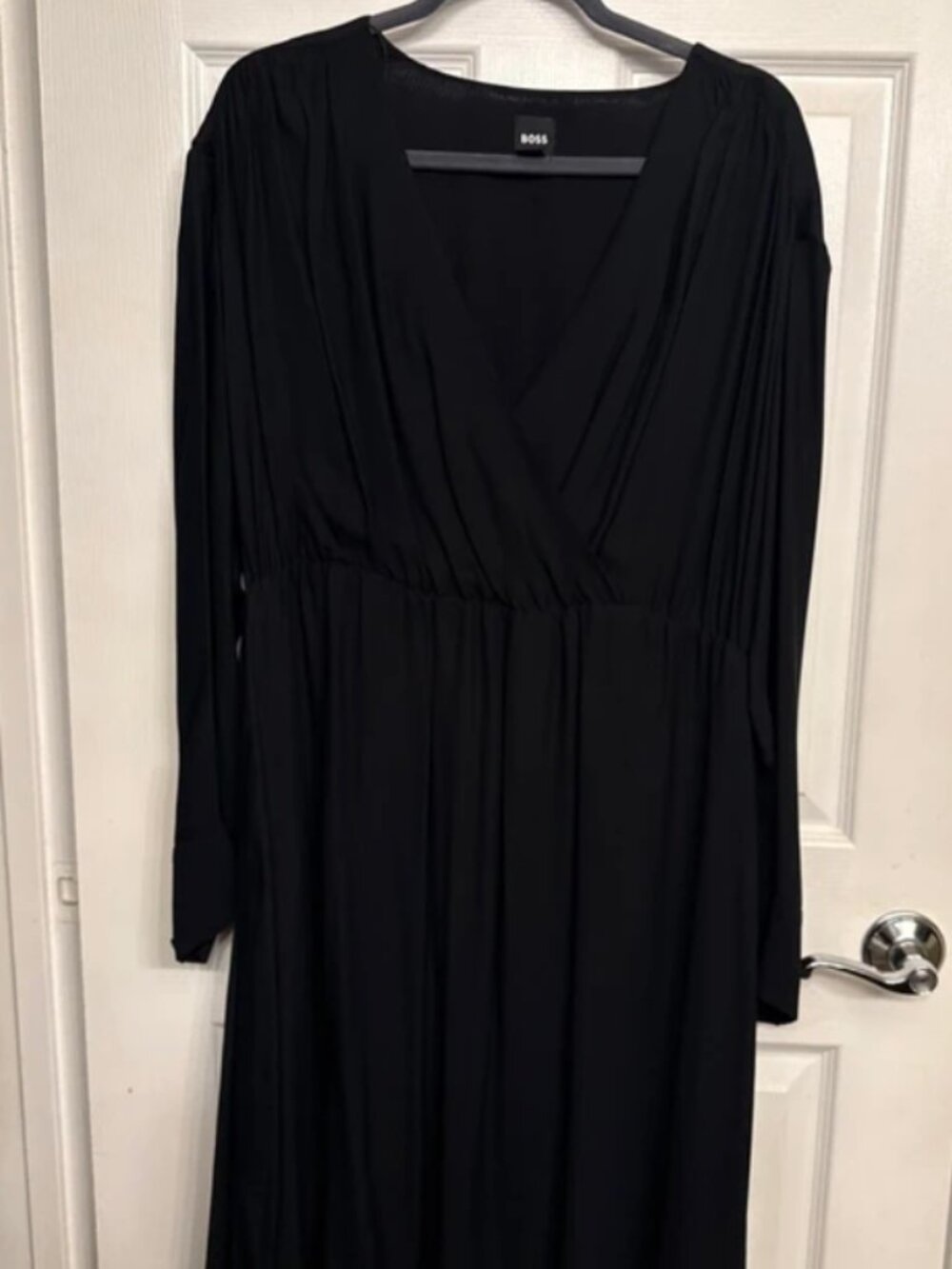 BOSS black midi dress featuring a surplice V-neckline, long sleeves, and a gathe